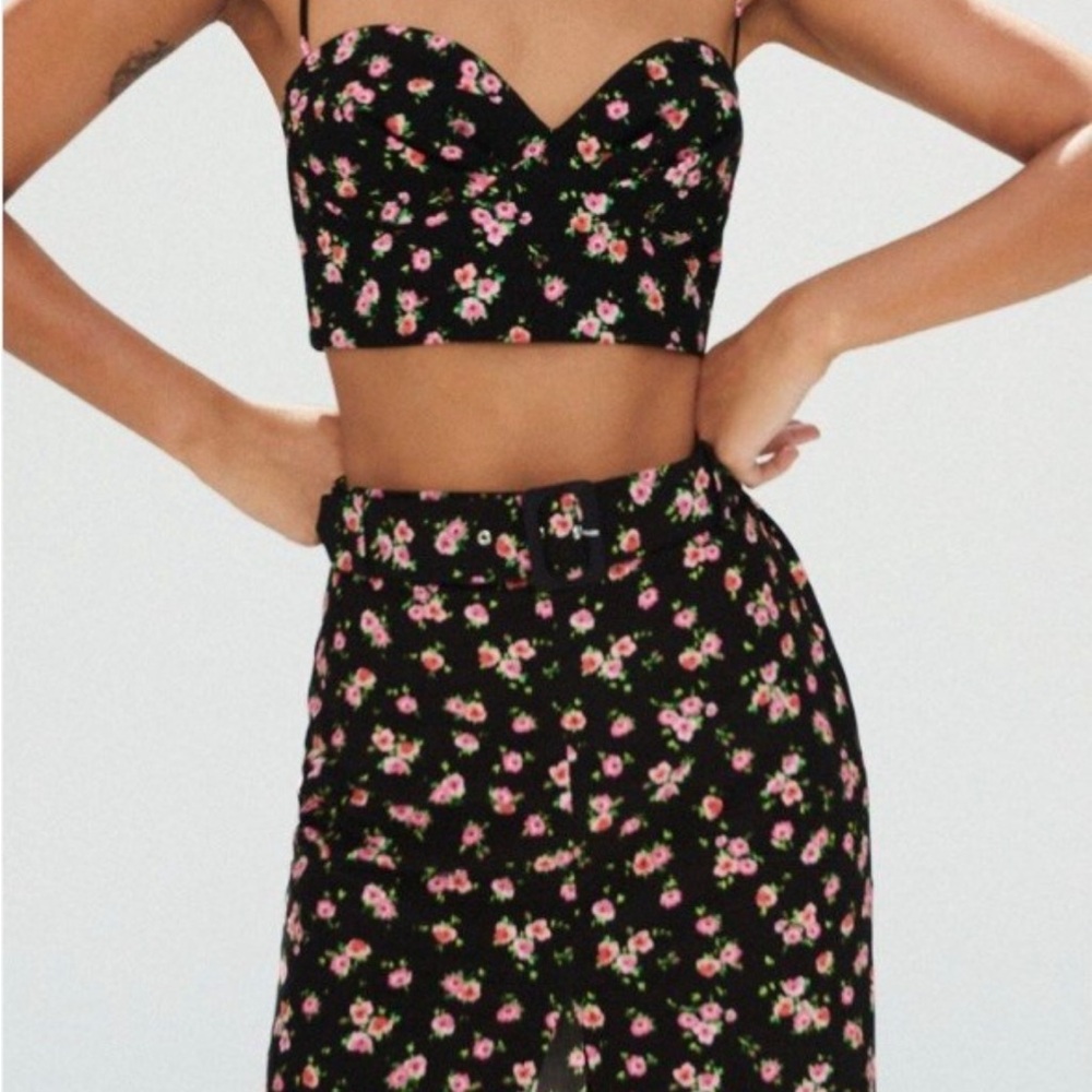 Zara Floral Black Crop Top and Skirt Set